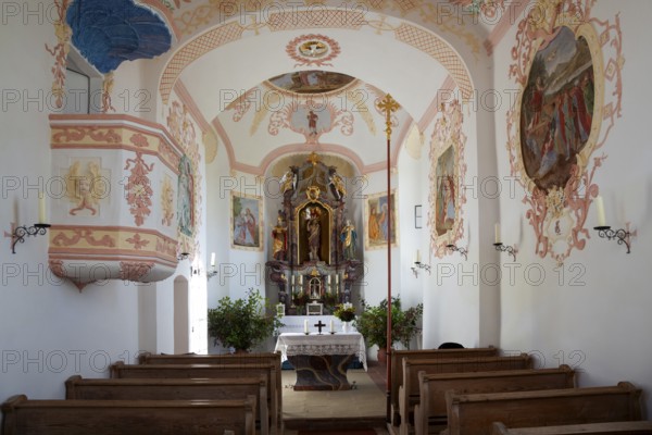 St. Johannisrain Catholic Church, interior with altar, Penzberg, Upper Bavaria, Germany