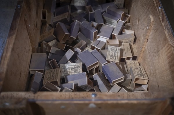 Old matchboxes covered with historical motifs, Tändsticksmuseet matchstick museum or match museum, Jönköping, Jönköpings län, Sweden