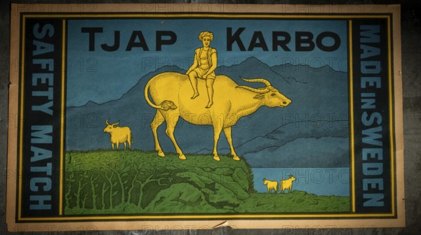 Historic label design, man sitting on water buffalo, Tändsticksmuseet match museum or match museum, Jönköping, Jönköpings län, Sweden