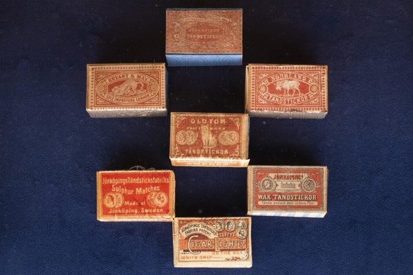 Matchboxes with old label design, Tändsticksmuseet Match Museum or Match Museum, Jönköping, Jönköpings län, Sweden