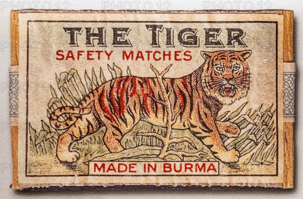 Historic label design, tiger, print Made in Burma, Tändsticksmuseet match museum or match museum, Jönköping, Jönköpings län, Sweden