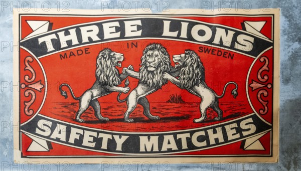 Historic label design, dancing lions and print Made in Sweden, Tändsticksmuseet match museum or match museum, Jönköping, Jönköpings län, Sweden