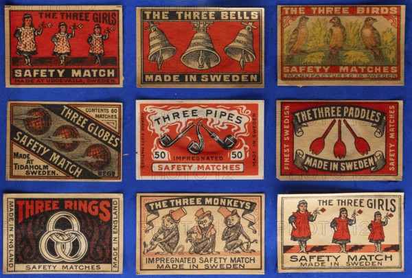 Matchboxes with old label design and different motifs, Made in Sweden, Tändsticksmuseet match museum or match museum, Jönköping, Jönköpings län, Sweden