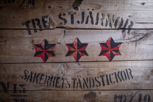 Safety matches printed on old wooden box, Tändsticksmuseet Match Museum or Match Museum, Jönköping, Jönköpings län, Sweden