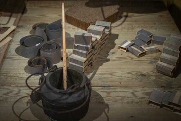 Matchboxes are glued together while working from home, historical scene, Tändsticksmuseet match museum or match museum, Jönköping, Jönköpings län, Sweden