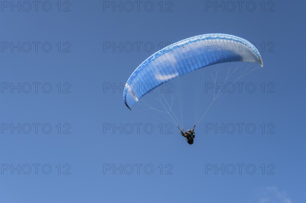 Single paraglider in the blue sky symbolizing freedom and adventure, paraglider near Gudauri, Mtskheta-Mtianeti region, Georgian Military Highway, High Caucasus, Georgia