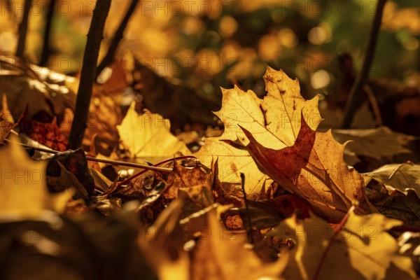 Autumnal yellow-orange leaves of the Norway maple (Acer platanoides) glow in the warm backlight, Germany