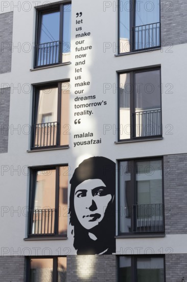 Malala Yousafzai, portrait mural and quote from the Nobel Peace Prize winner at a student residence, Düsseldorf-Derendorf, North Rhine-Westphalia, Germany