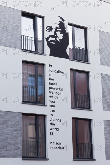Nelson Mandela, portrait mural and quote of the Nobel Peace Prize winner at a student residence, Düsseldorf-Derendorf, North Rhine-Westphalia, Germany