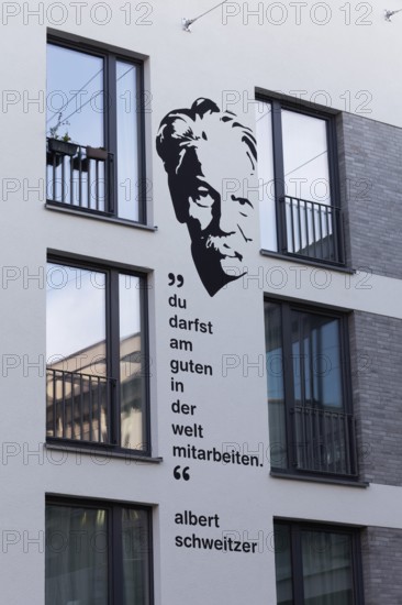 Albert Schweitzer, portrait mural and quote of the Nobel Peace Prize winner at a student residence, Düsseldorf-Derendorf, North Rhine-Westphalia, Germany