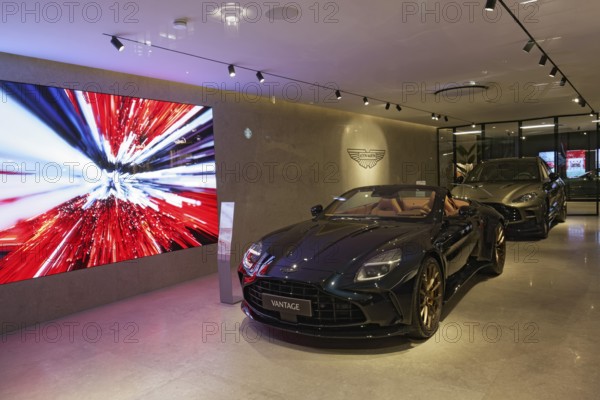 Aston Martin Vantage luxury sports car, exhibited in the Düsseldorf showroom, North Rhine-Westphalia, Germany