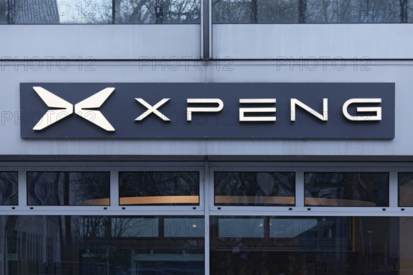 Xpeng, logo at the showroom of Chinese electric car brand Xiaopeng Motors, Düsseldorf, North Rhine-Westphalia, Germany