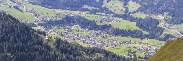 Panorama from the Fellhorn mountain trail, 2037 m, to Söllereck, 1706 m, to Mittelberg in Kleinwalsertal, Allgäu, Vorarlberg, Austria