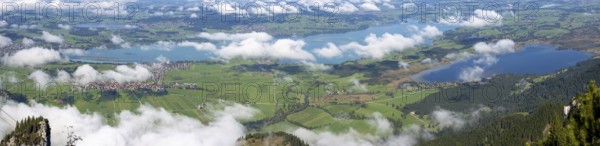 Panorama from Tegelberg, 1881m, on Schwangau, Waltenhofen, Forggensee, Hopfensee and Bannwaldsee, Ostallgäu, Bavaria, Germany