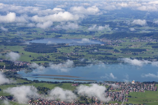 Panorama from Tegelberg, 1881m, on Schwangau, Waltenhofen, Forggensee and Hopfensee, Füssener Land, Ostallgäu, Bavaria, Germany