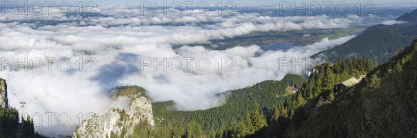 Panorama from Tegelberg, 1881m, of the cloud-covered Forggensee and Bannwaldsee, Ostallgäu, Bavaria, Germany