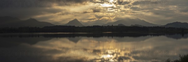 Sunset panorama, Hopfensee, Hopfen am See, near Füssen, Ostallgäu, Allgäu, Bavaria, Germany