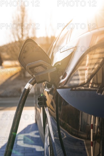 Electric car is charged in the sun, reflective surface shows environmentally friendly mobility, MG4 electric car, Deer e-Carsharing, Calw, Germany