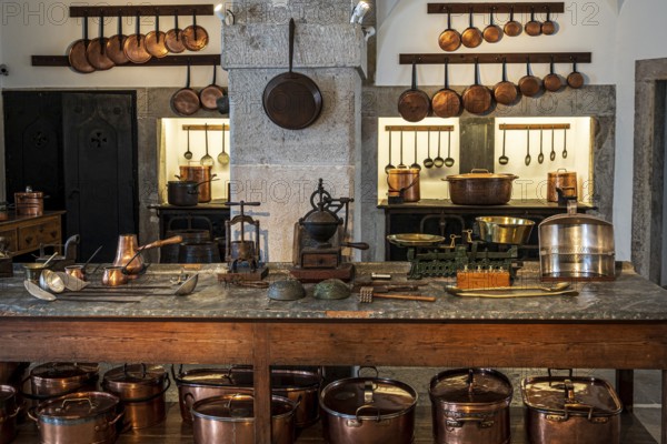 Copper pots and copper pans, kitchen of the palace Palácio Nacional da Pena, Sintra, Portugal