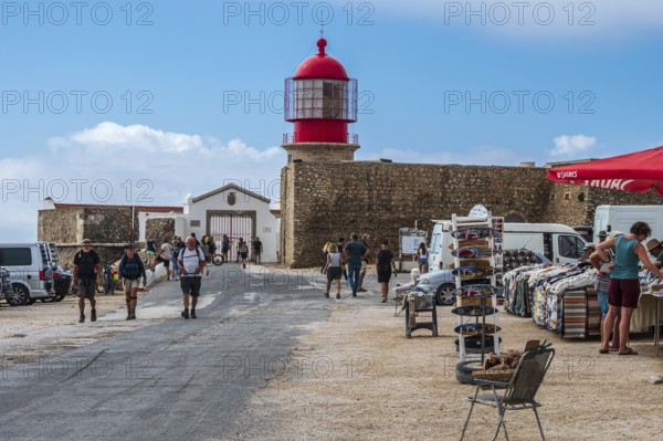 Lighthouse and souvenir shops at cape Cabo de Sao Vicente, Algarve, Portugal