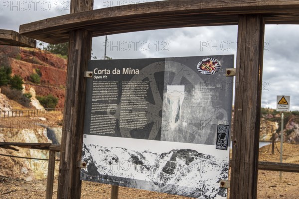 Explanatory panel, entrance to Mina de Sao Domingos, historic copper open-pit mine, Portugal