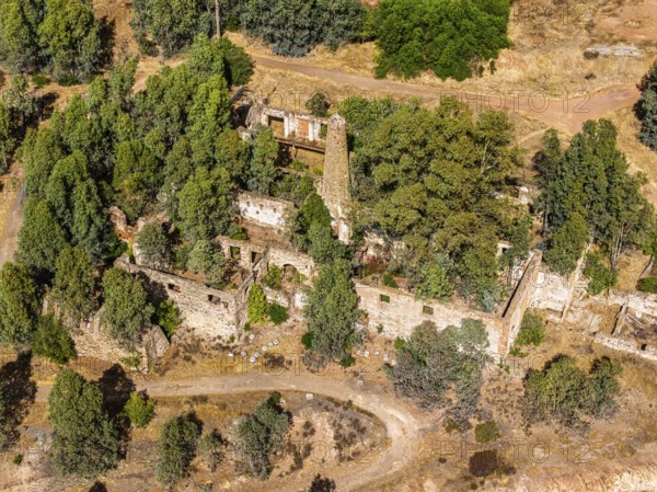 Ruins of former workshop halls, Mina de Sao Domingos, historic copper open-pit mine, aerial view, Portugal