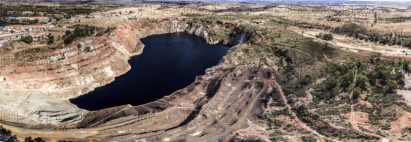 Panoramic aerial photograph, Mina de Sao Domingos, historic copper open-pit mine, aerial view, Portugal