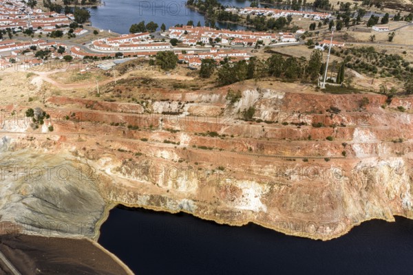 Houses of the village, on top of Mina de Sao Domingos, historic copper open-pit mine, Portugal