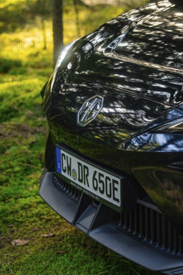 Close-up of a car in a forest clearing in sunlight, MG4 electric car, Deer e-Carsharing, Calw, Germany