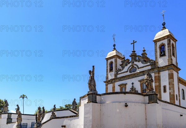 Main church of the Bom Jesus do Matosinhos sanctuary with the twelve prophets by Aleijadinho in the city of Congonhas, Congonhas, Minas Gerais, Brazil