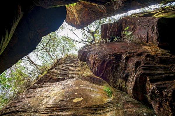 A rock wall overlooking the forest inside a cave on the outskirts of the city of Ouro Preto in Minas Gerais, Ouro Preto, Minas Gerais, Brazil
