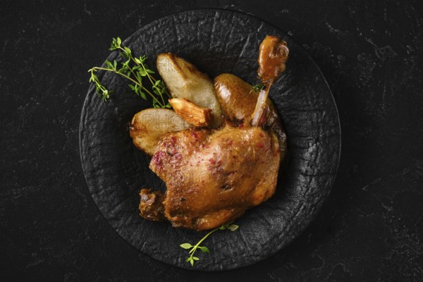 Top view of roasted duck leg on a textured black plate with caramelised in duck fat slices of pear. The setting is a simple kitchen space with a dark background, highlighting the meal's details