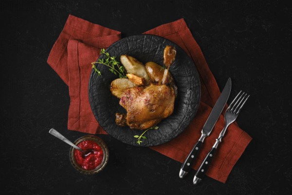 Top view of cooked duck confit on a black stone plate with caramelised pears and lingonberry sauce next to it. The meal is placed on a red cloth with utensils, ready to be enjoyed
