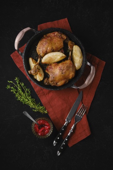 Duck confit with roasted pear in a black skillet served with a bowl of lingonberry jam. Fresh thyme adds earthy aroma and vivid color. The is on dark black background
