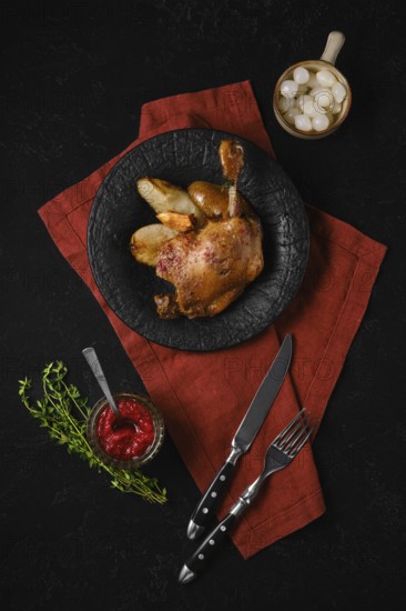 A plate holds a portion of duck confit alongside roasted pears. A small bowl of lingonberry sauce and pickled pearl onions on the table. Fresh herbs are placed next to the plate