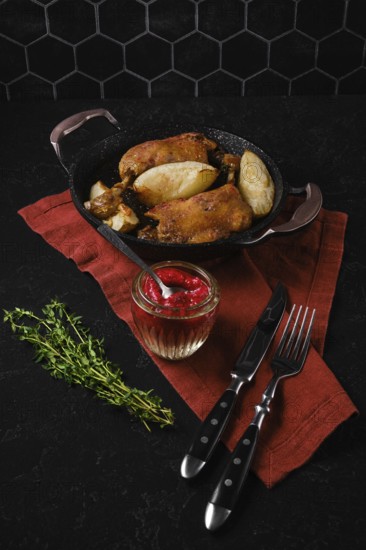 Roasted duck legs in a skillet next to pears and a small jar of lingonberry sauce. Fresh thyme is placed nearby on a red cloth, along with a knife and fork, on a dark table