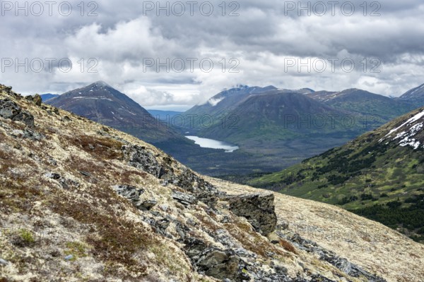 View of mountains and lake Trout Lake, Slaughter Ridge Trail, Cooper Landing, Kenai Peninsula, Alaska, USA
