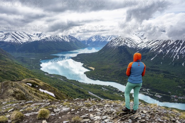 Female mountaineer enjoying the view, Slaughter Ridge Trail, view of snowy mountains and turquoise blue Kenai Lake, Cooper Landing, Kenai Peninsula, Alaska, USA