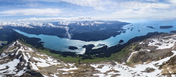 View of mountain landscape with turquoise blue Tutka Bay fjord, aerial view, Grace Ridge, Kachemak Bay State Park, Kenai Peninsula, Alaska, USA