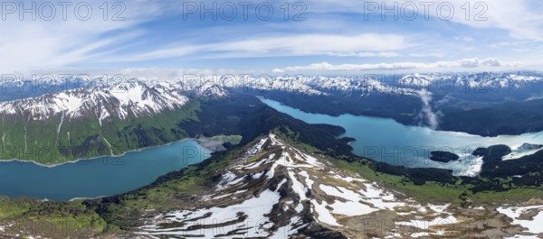 View of mountain landscape with turquoise blue fjord Sadie Cove and Tutka Bay, aerial view, Grace Ridge, Kachemak Bay State Park, Kenai Peninsula, Alaska, USA