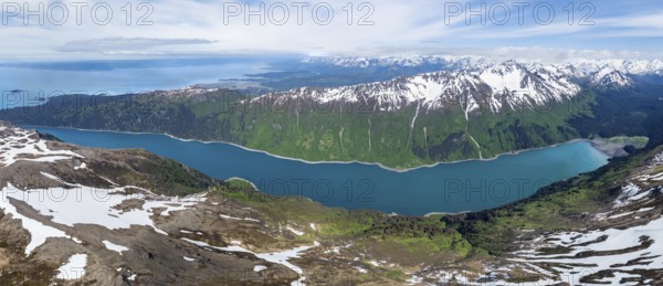 View of mountain landscape with turquoise blue fjord Sadie Cove, aerial view, Grace Ridge, Kachemak Bay State Park, Kenai Peninsula, Alaska, USA