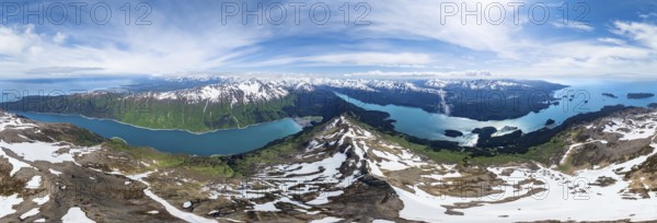 Panorama, view of mountain landscape with turquoise blue fjord Sadie Cove, aerial view, Grace Ridge, Kachemak Bay State Park, Kenai Peninsula, Alaska, USA