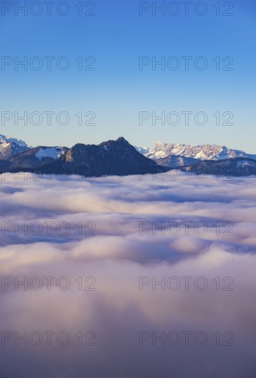 View from Kulmspitze, Schober rising out of a sea of fog, inversion weather, Osterhorn Group, Mondseeland Salzkammergut, Upper Austria, Austria