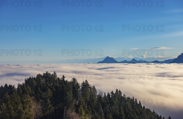 View from Kulmspitze, Traunstein juts out of a sea of fog, inversion weather, Mondseeland Salzkammergut, Upper Austria, Austria
