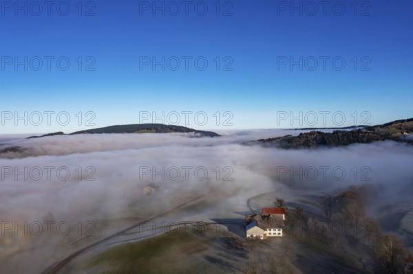 Drone view, agricultural landscape with farmhouse in autumnal morning fog, inversion weather, Mondseeland, Salzkammergut, Upper Austria, Austria