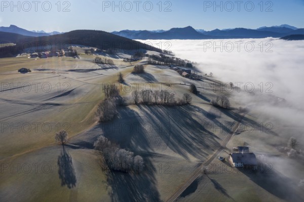 Drone view, agricultural landscape with farm in autumnal morning fog, inversion weather, Mondseeland, Salzkammergut, Upper Austria, Austria