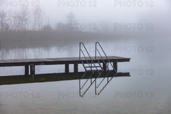 Foggy autumn atmosphere at the lake with wooden footbridge, Irrsee, Salzkammergut, Upper Austria, Austria