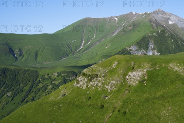 Green mountainside under clear sky, natural peace, landscape between Kvesheti and Gudauri, Mtskheta-Mtianeti region, Georgian Military Road, High Caucasus, Georgia