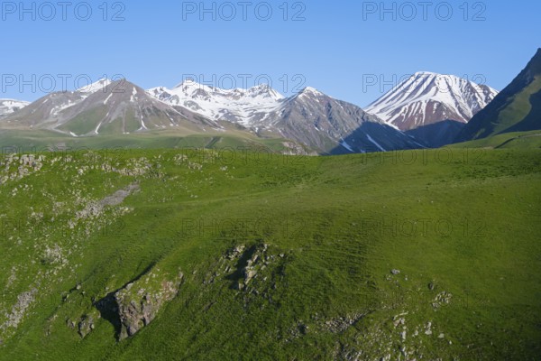 Green wide meadow against a mountain backdrop with snow, landscape between Kvesheti and Gudauri, Mtskheta-Mtianeti region, Georgian Military Road, High Caucasus, Georgia