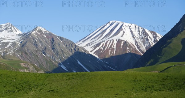 Majestic snow-capped mountains with green fields in the foreground, landscape between Kvesheti and Gudauri, Mtskheta-Mtianeti region, Georgian Military Route, High Caucasus, Georgia